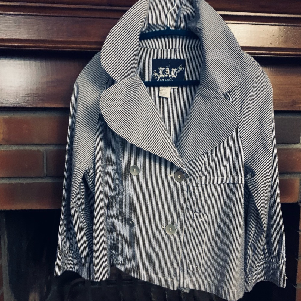 Live a Little Blue Seersucker Jacket sz L - Picture 3 of 16